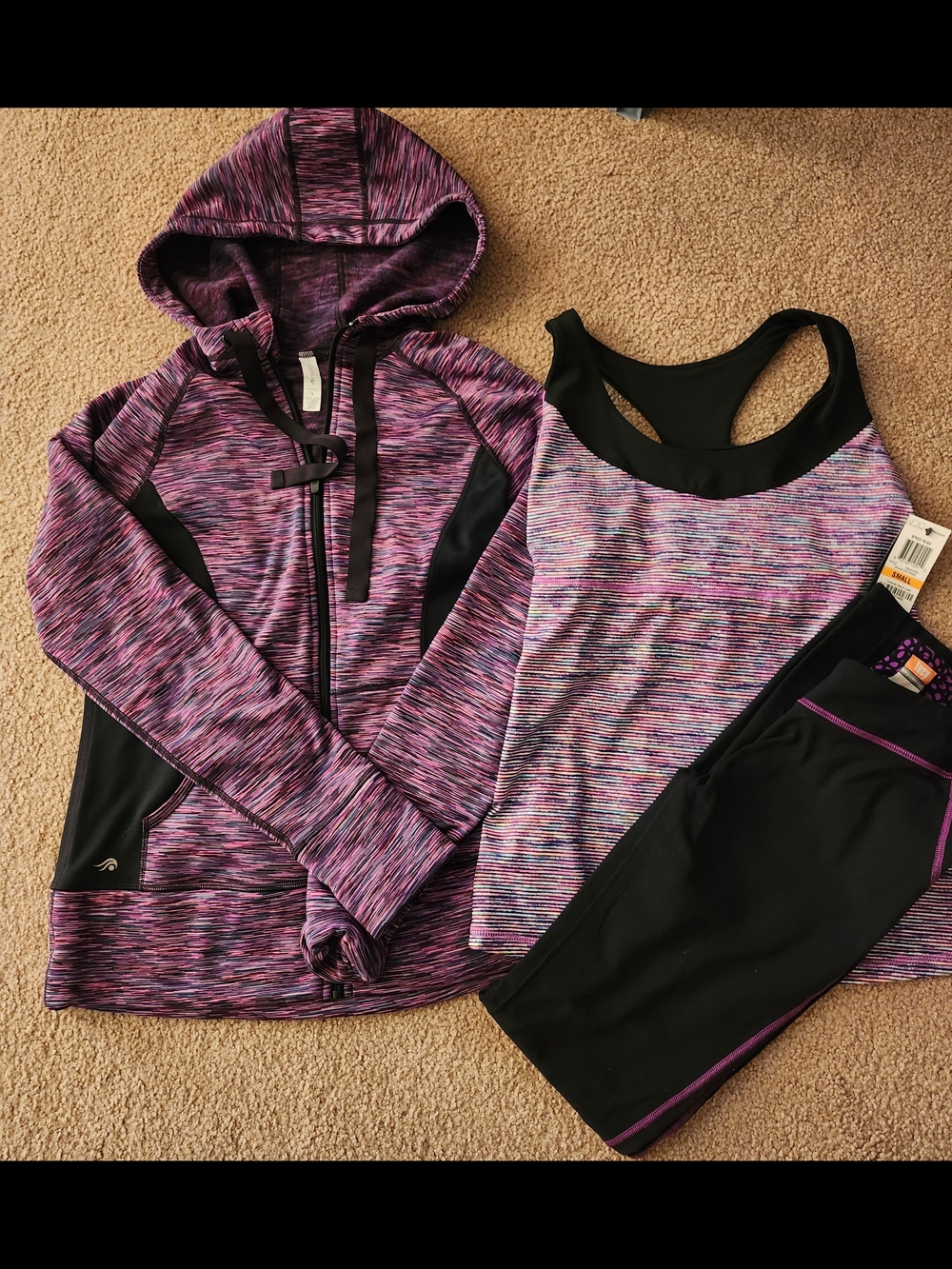 Ideology Purple Space-Dye Hoodie, Tank and Black Capri Set